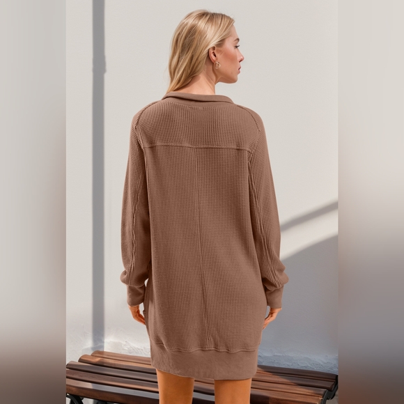 Double Take Waffle Long Sleeve Mini Dress with Pockets - Picture 2 of 4